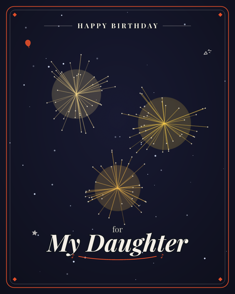 A deep midnight-blue sky holds three golden starburst fireworks, each with fine radiating lines tipped in tiny bright dots, glowing against a soft hazy…, a birthday e-card design by @DittyCityTeam