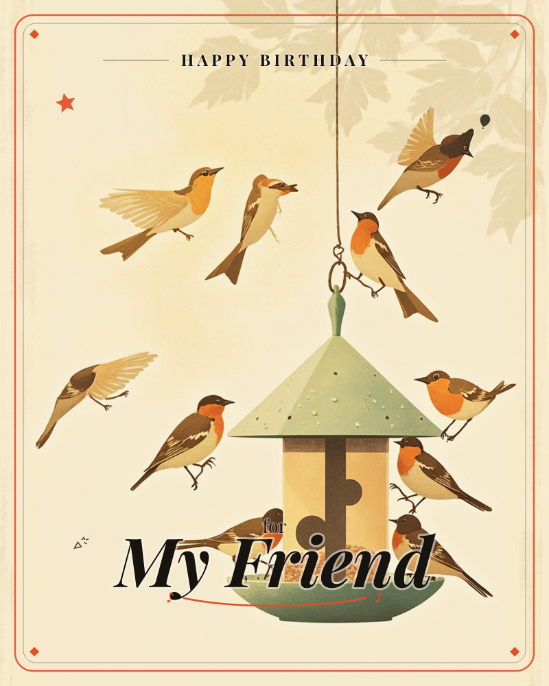A green birdhouse-style feeder hangs from a thin wire against a warm cream background, its seed reserve visible through a window, a birthday e-card design