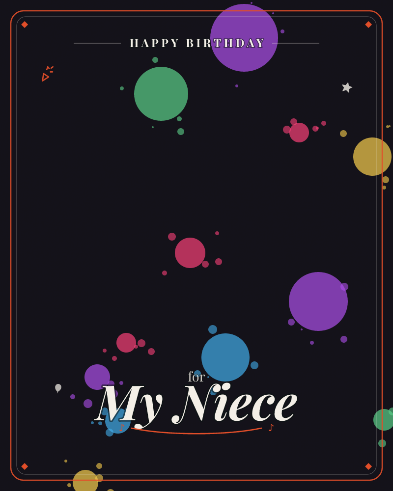 A near-black background is scattered with glowing spheres in purple, green, pink, gold and blue, each big circle trailed by smaller dots like…, a birthday e-card design by @DittyCityTeam