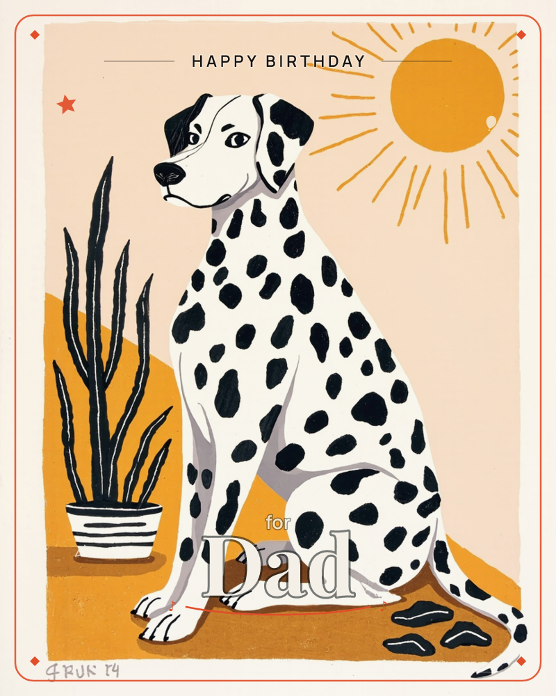 A spotted dalmatian sits proudly beside a potted snake plant, its black-and-white coat rendered in bold graphic patches, a birthday e-card design