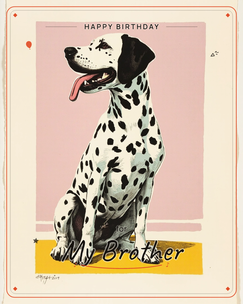 A Dalmatian sits in profile with tongue out and ears perked, rendered in bold black spots against a soft pink backdrop and mustard-yellow ground, a birthday e-card design
