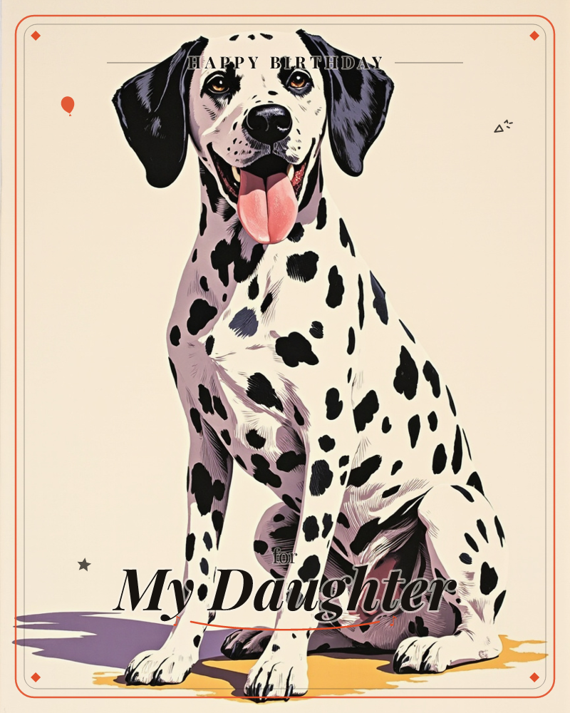 A spotted Dalmatian sits upright against a plain cream background, tongue lolling out in a cheerful pant, a birthday e-card design