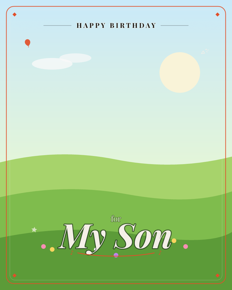 A minimal landscape of rolling green hills beneath a pale sky, with a soft round sun and two simple clouds drifting overhead, a birthday e-card design by @DittyCityTeam
