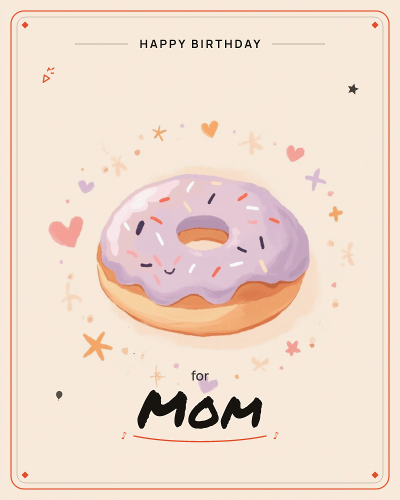 A single frosted donut with a tiny smiling face sits centre stage, its lavender glaze scattered with colourful sprinkles, a birthday e-card design