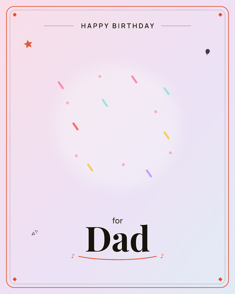 A soft glowing halo of light sits at the centre of a pale lavender-pink background, ringed by small scattered confetti marks in pink, coral, teal…, a birthday e-card design by @DittyCityTeam