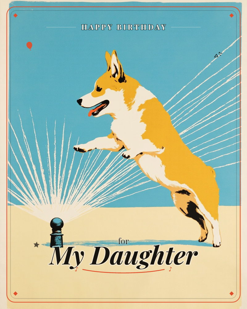 A corgi leaps sideways in mid-air beside a garden sprinkler, its spray of white lines fanning out across a flat blue sky, a birthday e-card design