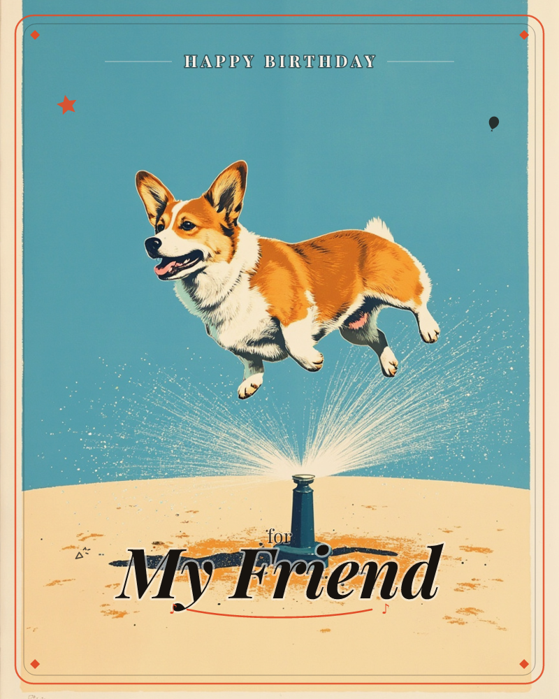 A corgi leaps mid-air over a lawn sprinkler, tongue out and ears up, caught right at the peak of the jump as water sprays in a fan beneath its paws, a birthday e-card design