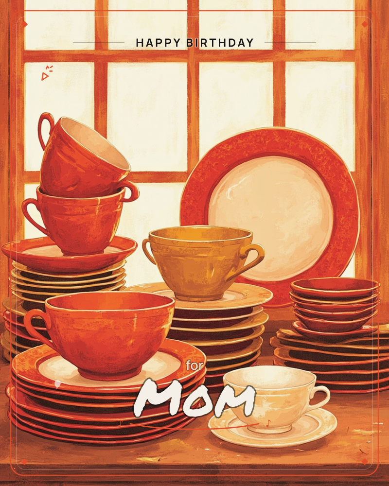 A wooden table is crowded with stacks of teacups, saucers and a wide plate, all in warm terracotta, mustard and cream glazes, set against a sunlit…, a birthday e-card design