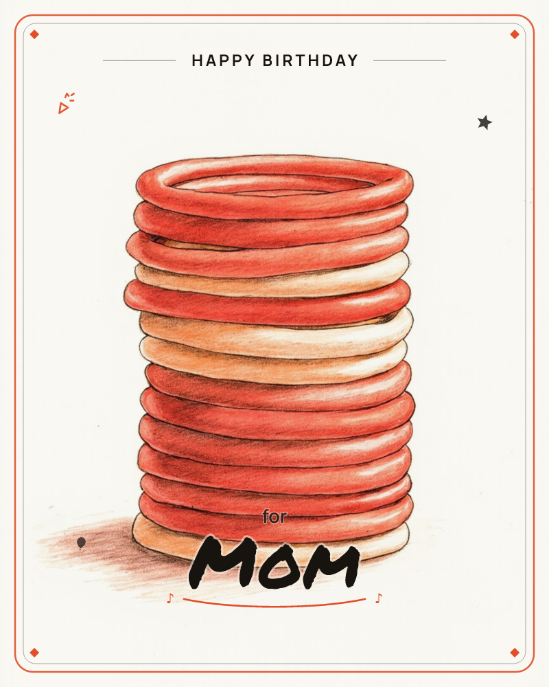A tall stack of rounded rings, drawn like a coiled tower of bangles or rubber bands in shades of red, cream and orange, sits centered on a plain…, a birthday e-card design