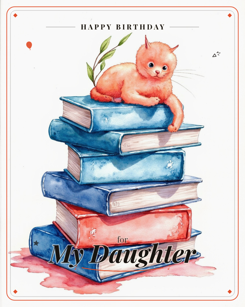 A round-eyed orange kitten curls contentedly atop a tall, leaning stack of blue and red hardback books, one paw draped over the edge, a birthday e-card design