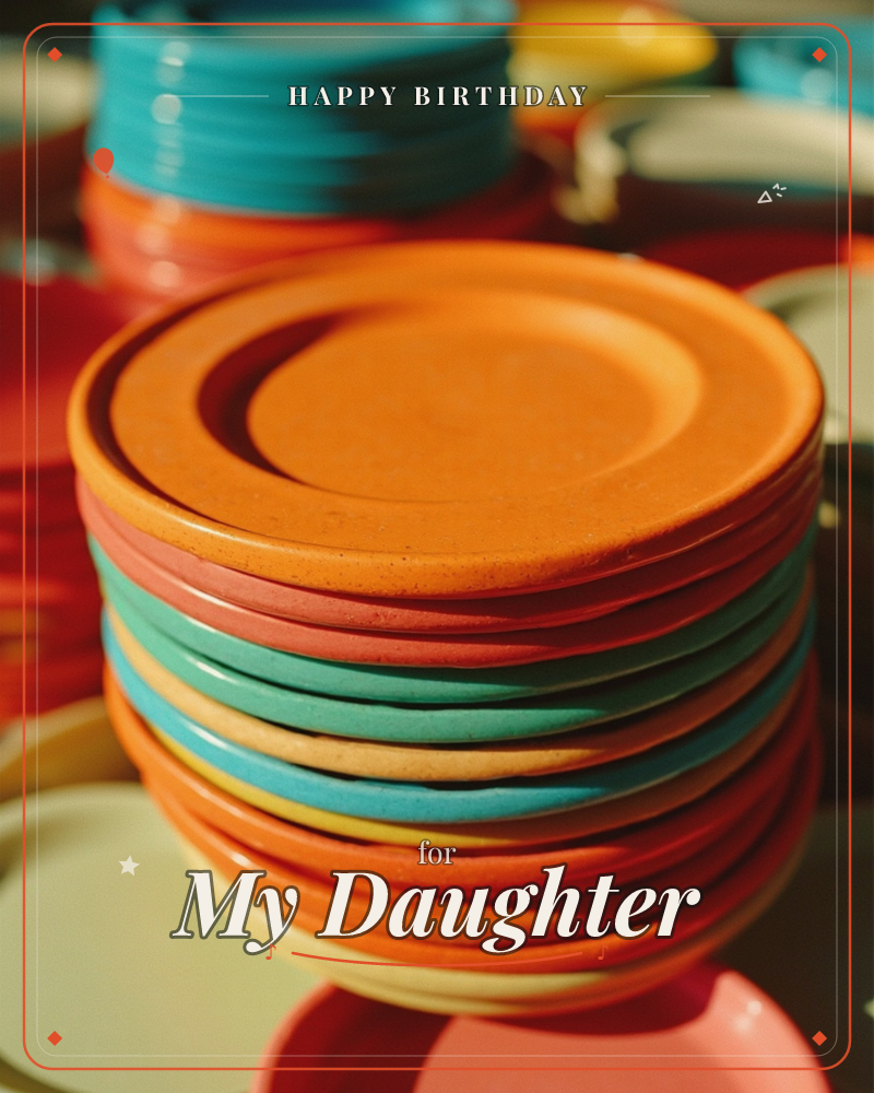 A close-up stack of ceramic plates in bold, mismatched colours, burnt orange, teal, coral and mustard, catches warm, low light against a softly…, a birthday e-card design