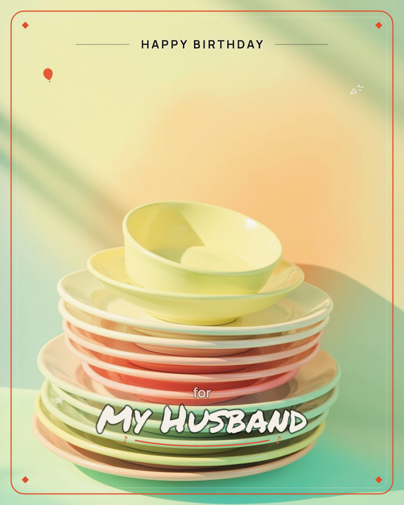 A stack of plates in coral, cream and pale yellow rises toward a single yellow bowl balanced on top, all reflected on a glossy dark surface, a birthday e-card design
