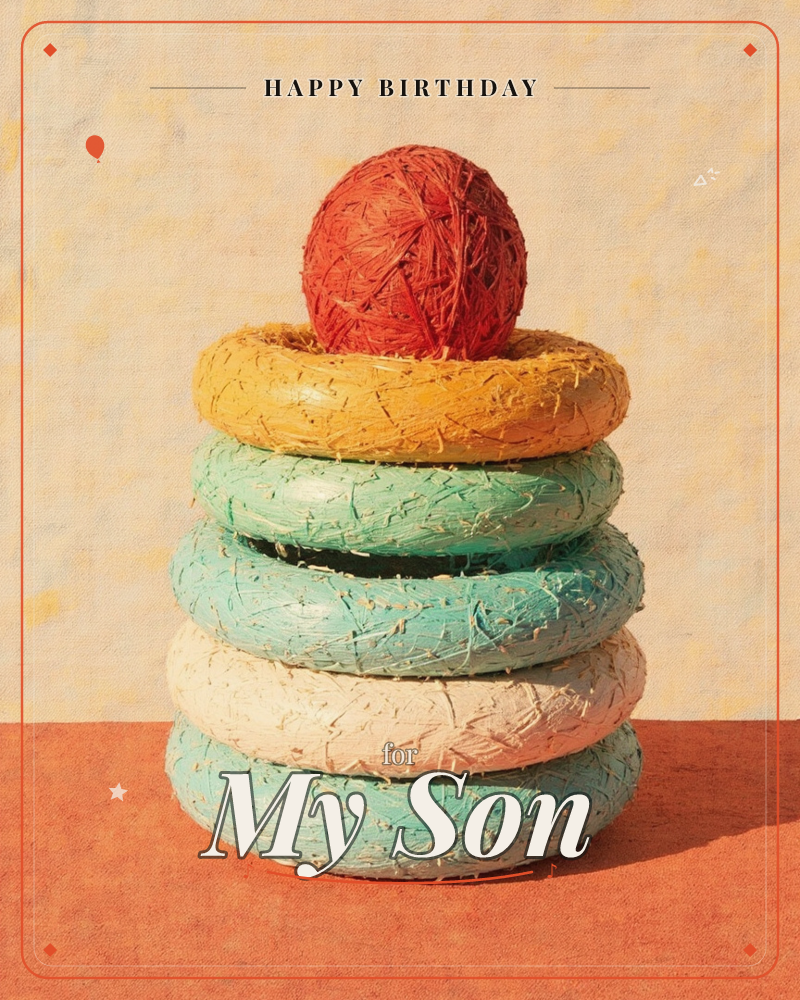 A stack of textured rings made from woven straw-like fibre, painted in teal, cream, and mustard, is topped with a round red ball of the same coarse…, a birthday e-card design