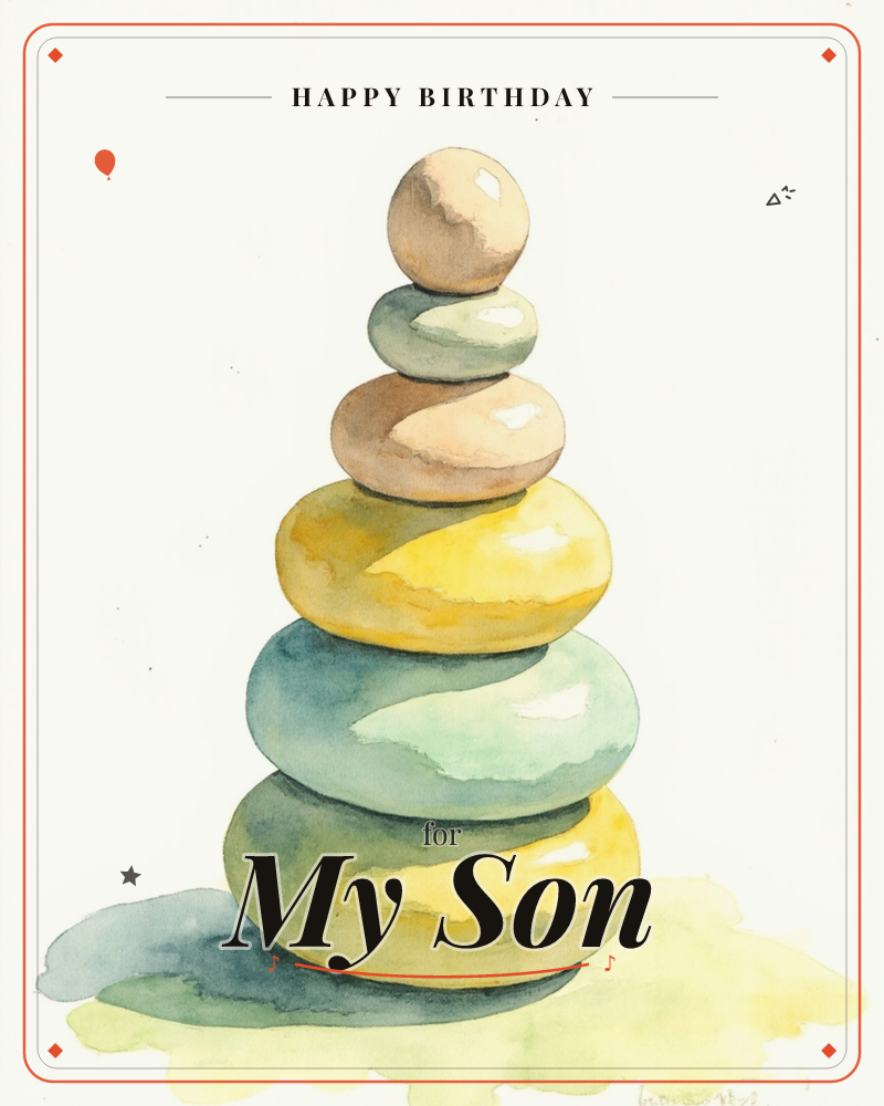 A balanced stack of six smooth, glossy stones rises against a plain cream background, each rounded pebble painted in soft washes of yellow, sage green…, a birthday e-card design