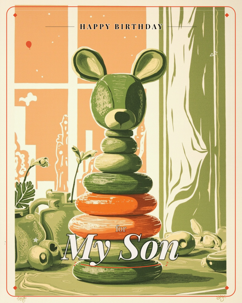 A stacked-ring toy shaped like a bear's head sits atop a windowsill scene, its rounded discs alternating in green, cream, and orange tones, a birthday e-card design