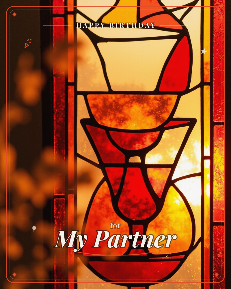 A stained-glass panel glows with backlit sunlight, its leaded lines forming stacked goblet and boat-like shapes in amber, red, and gold glass, a birthday e-card design