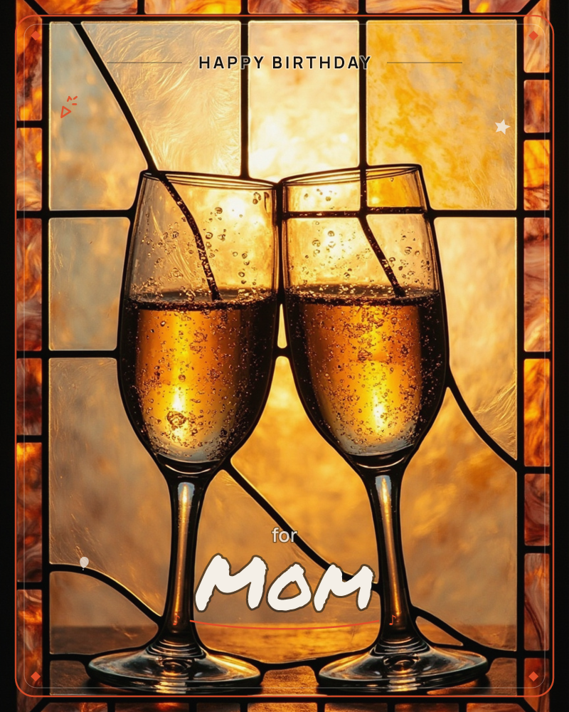 Two champagne flutes lean together in a toast, their rims touching, set against a stained-glass window glowing amber and gold, a birthday e-card design