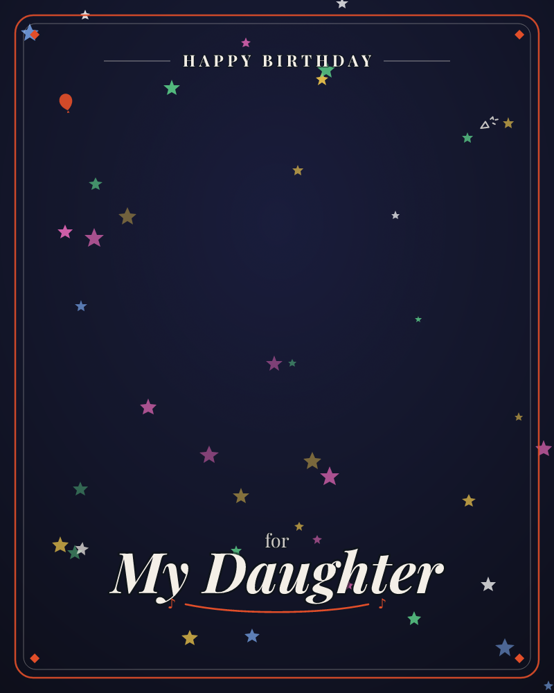 A deep midnight-blue sky is scattered with small stars in pink, gold, teal, and blue, scattered like a loose constellation with no pattern, brightest…, a birthday e-card design by @DittyCityTeam