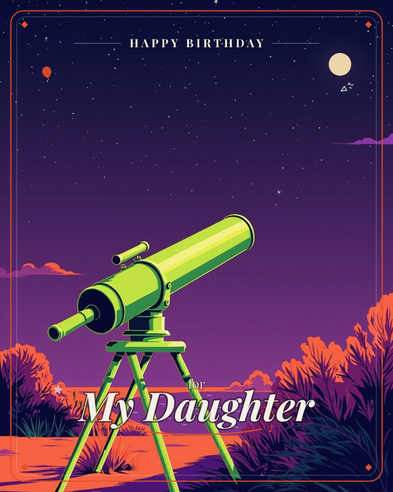 A lime-green telescope stands on tall tripod legs, angled up toward a star-scattered purple sky where a pale moon glows, a birthday e-card design