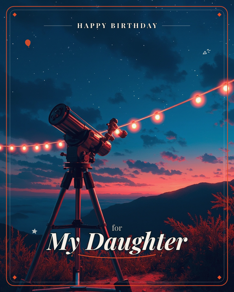 A telescope on a tripod stands on a hilltop at dusk, aimed at a star-scattered sky where deep blue fades into a glowing pink and orange sunset over…, a birthday e-card design