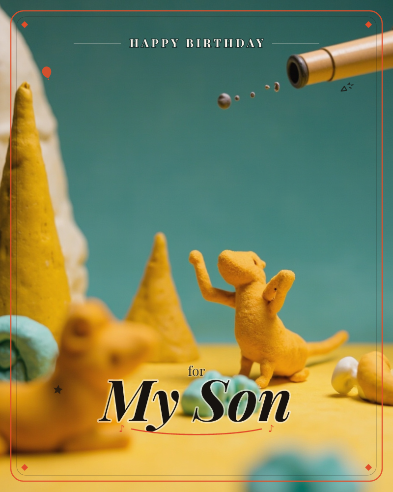 A tiny clay dinosaur scene sits against a teal backdrop, with a mustard-yellow T-rex figure raising its arms toward a pipe blowing bubbles overhead, a birthday e-card design