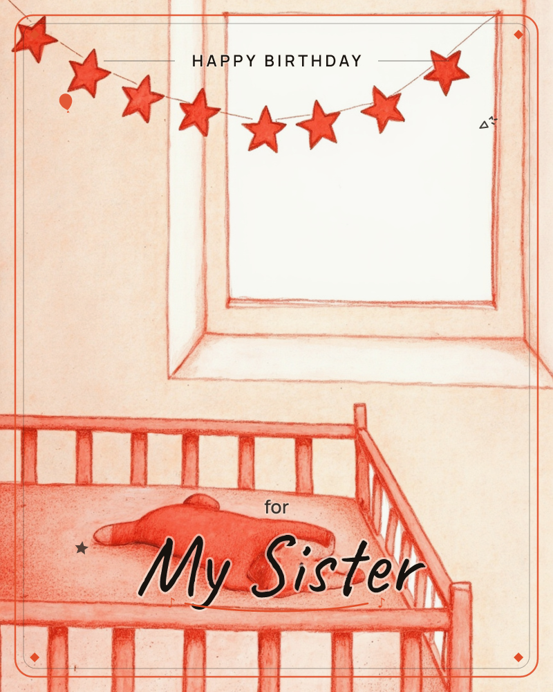 A monochrome red-toned sketch of a nursery shows an empty crib with a soft toy bear lying on its side, beneath a bright window and a garland of paper…, a birthday e-card design