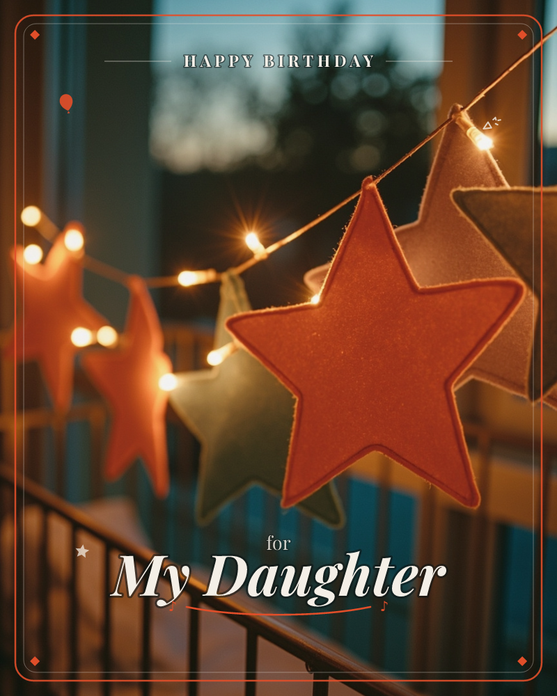 A garland of soft fabric stars in rust orange and sage green hangs strung with warm fairy lights along a balcony railing at dusk, a birthday e-card design