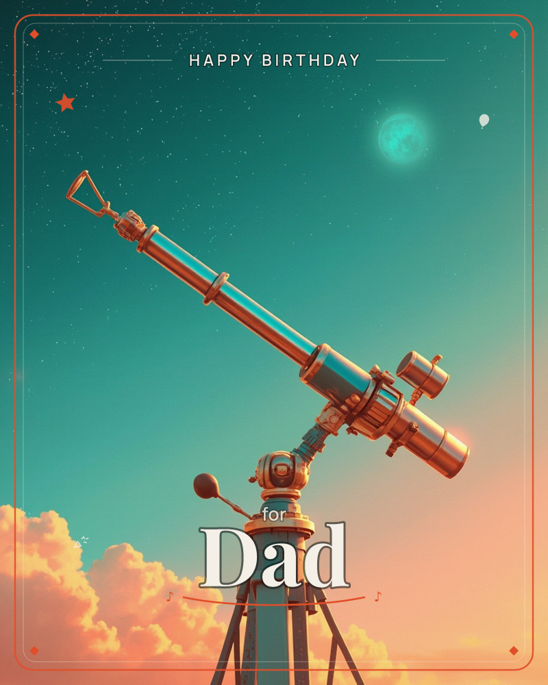 A brass telescope on a tripod tilts upward into a gradient sky that shifts from teal at the top to warm peach near the horizon, with a pale glowing…, a birthday e-card design