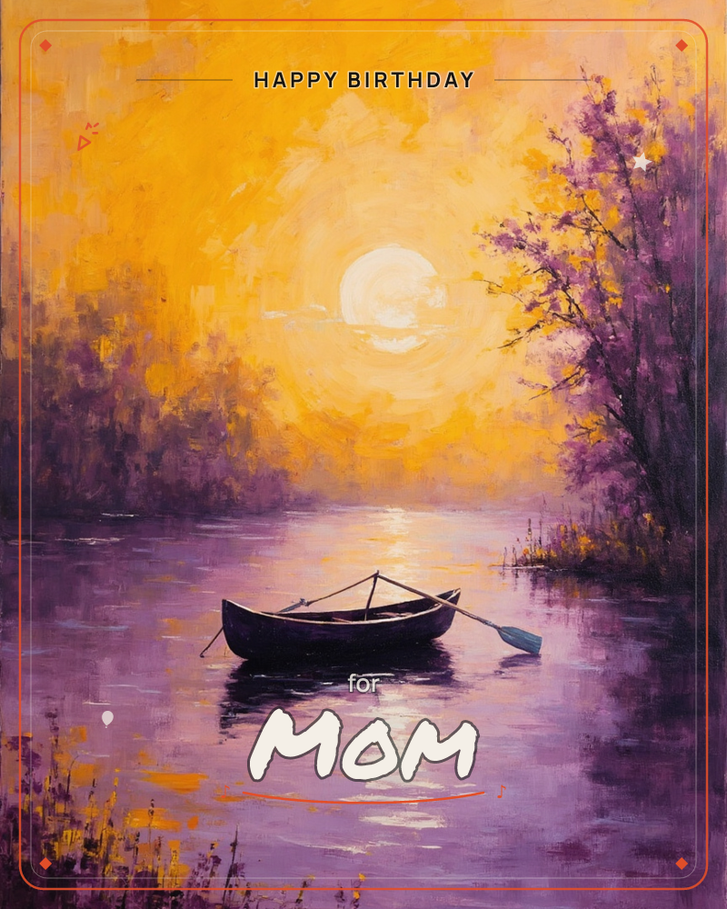 An empty rowboat drifts alone on a still river as a huge golden sun glows through misty trees, a birthday e-card design
