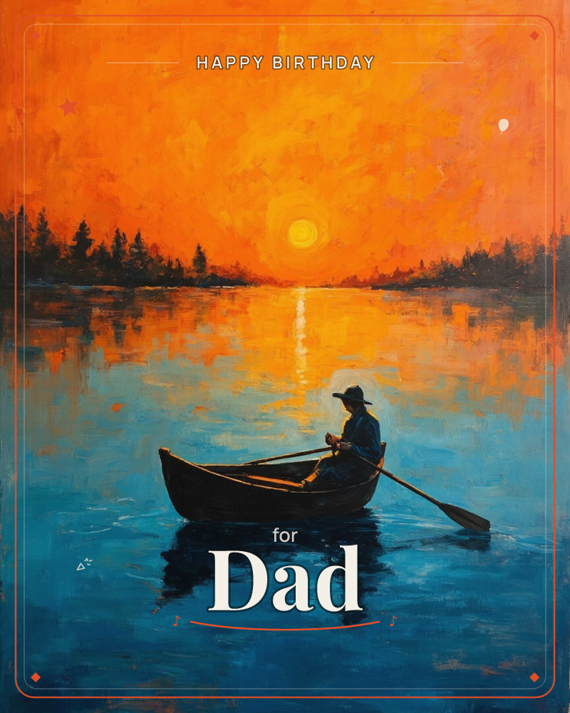 A lone figure in a wide-brimmed hat sits in a small rowboat on a still lake, oars resting as the sun sinks in a blaze of orange behind a dark tree line, a birthday e-card design