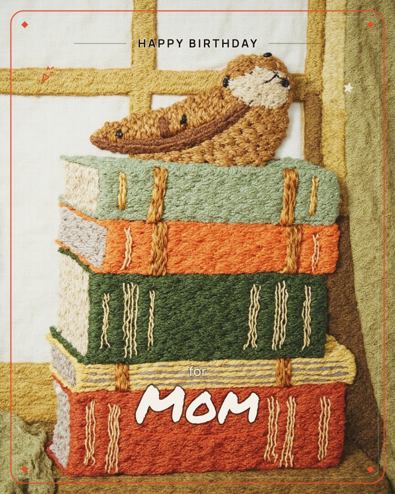 An embroidered otter curls up asleep atop a stacked pile of books rendered in thick textured stitching, with a sunlit window behind and a curtain…, a birthday e-card design