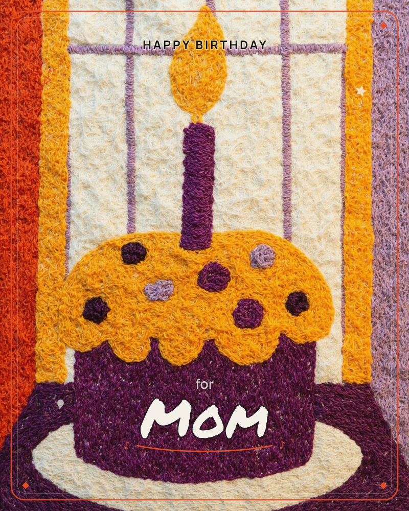 A single-layer birthday cake with a lit candle is rendered in a textured, yarn-like stitched style, its purple frosting studded with round sprinkles, a birthday e-card design