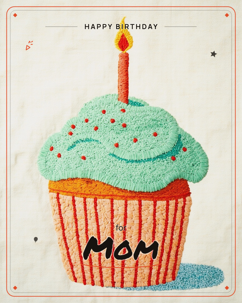 A single cupcake is rendered in thick embroidered stitching on pale linen, its mint-green frosting swirled with red sprinkle dots and topped with one…, a birthday e-card design
