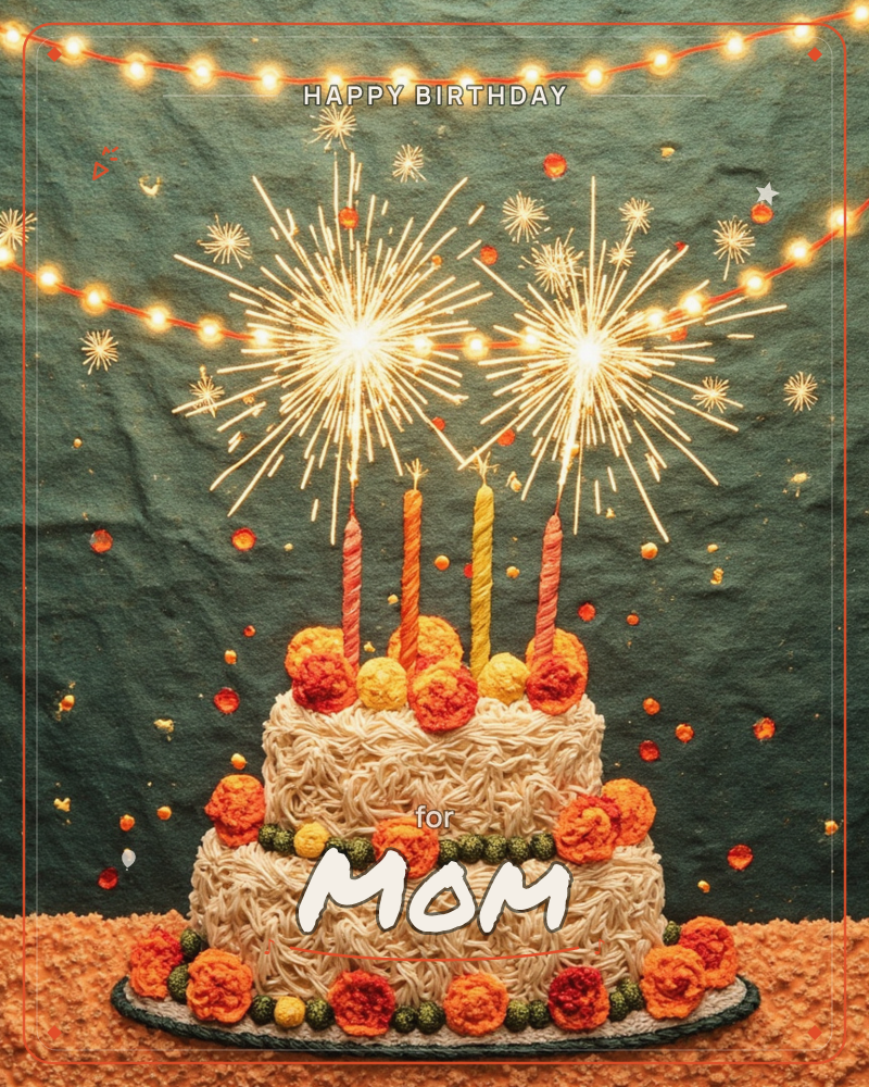 A two-tiered cake with thick swirled icing and clusters of orange and red frosting flowers sits on a warm textured surface against a deep teal backdrop, a birthday e-card design