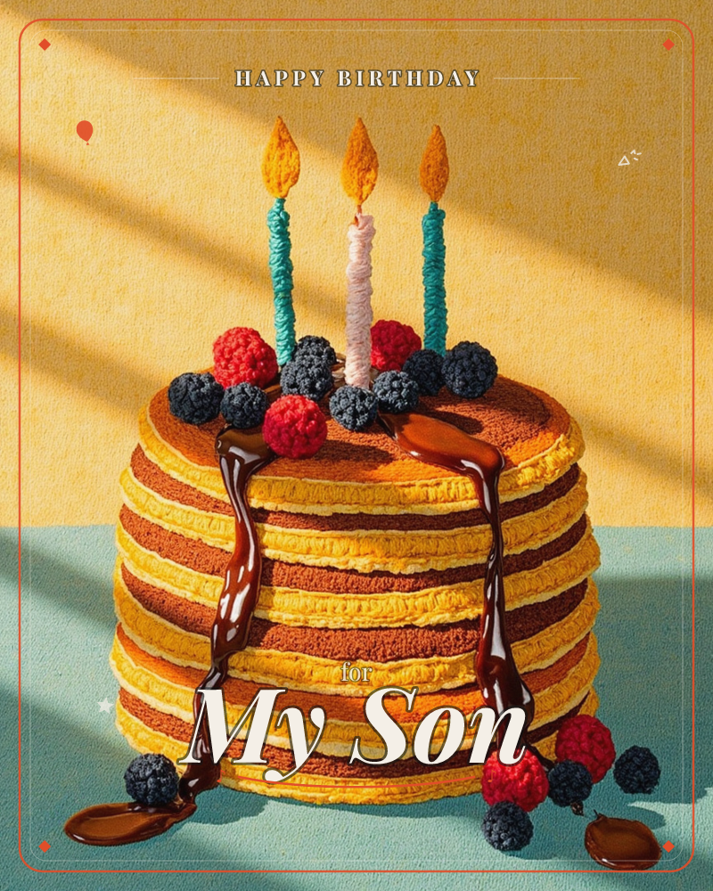 A tall stack of pancakes stands in for a birthday cake, dripping with glossy chocolate syrup and topped with raspberries, blackberries, and three lit…, a birthday e-card design