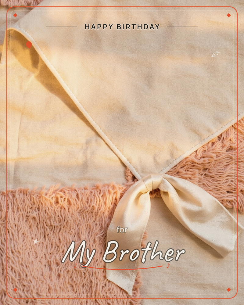 A close-up still life shows a cream satin ribbon tied in a soft bow atop a folded ivory fabric envelope, resting against a plush blush-pink shag textile, a birthday e-card design