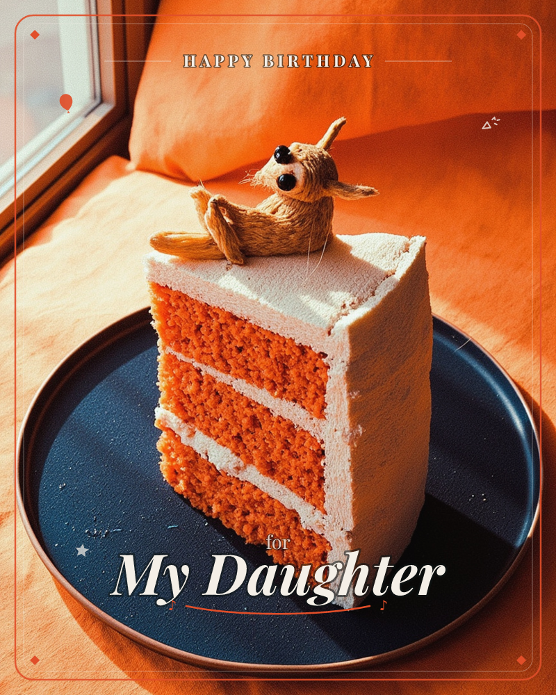 A tall slice of layered carrot-orange cake with white frosting sits on a dark plate, topped by a tiny woven straw rabbit figure with bead eyes, a birthday e-card design