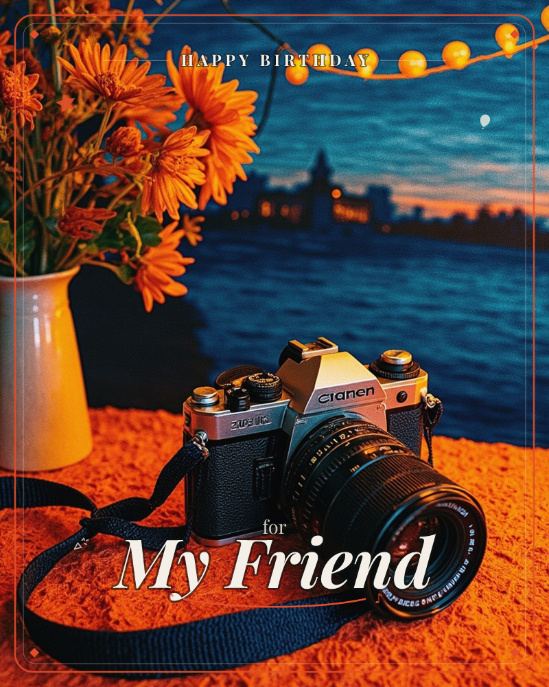 A vintage camera with its strap coiled sits on a bright orange textured cloth, beside a white vase of orange daisies, with a string of warm lights and…, a birthday e-card design