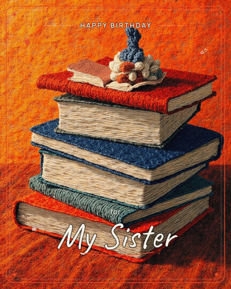 A textured, almost woven-looking stack of books rises against a warm orange background, their spines in red, navy and teal with cream page edges, a birthday e-card design