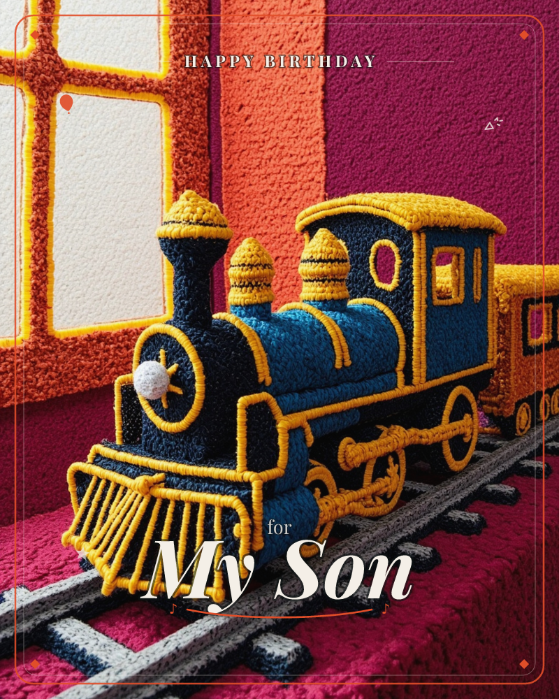 A toy locomotive is rendered entirely in plush, tufted yarn textures, with navy blue boiler and golden-yellow trim rolling along a fuzzy grey track, a birthday e-card design