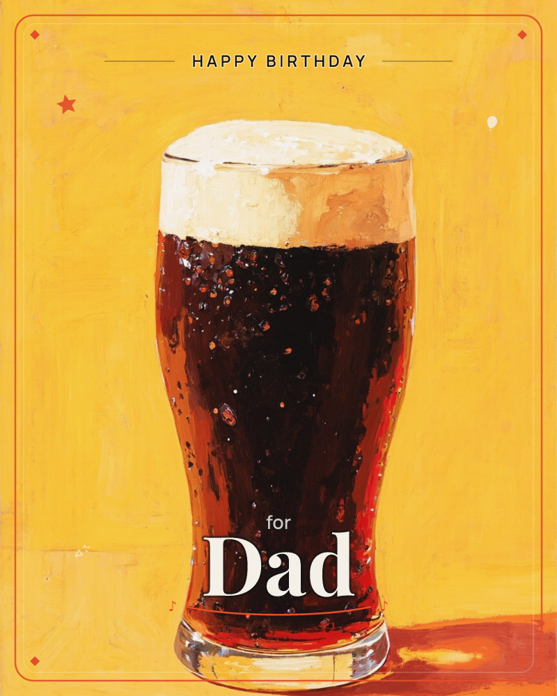 A tall pint glass of dark stout sits centre stage, its deep brown-black body catching flecks of light and topped with a thick creamy head, a birthday e-card design