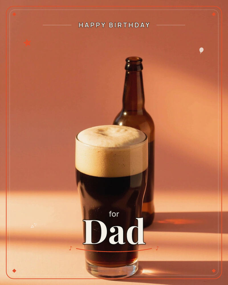 A pint glass of dark stout with a thick creamy head stands beside a brown glass bottle, both cast in warm afternoon light against a terracotta backdrop, a birthday e-card design