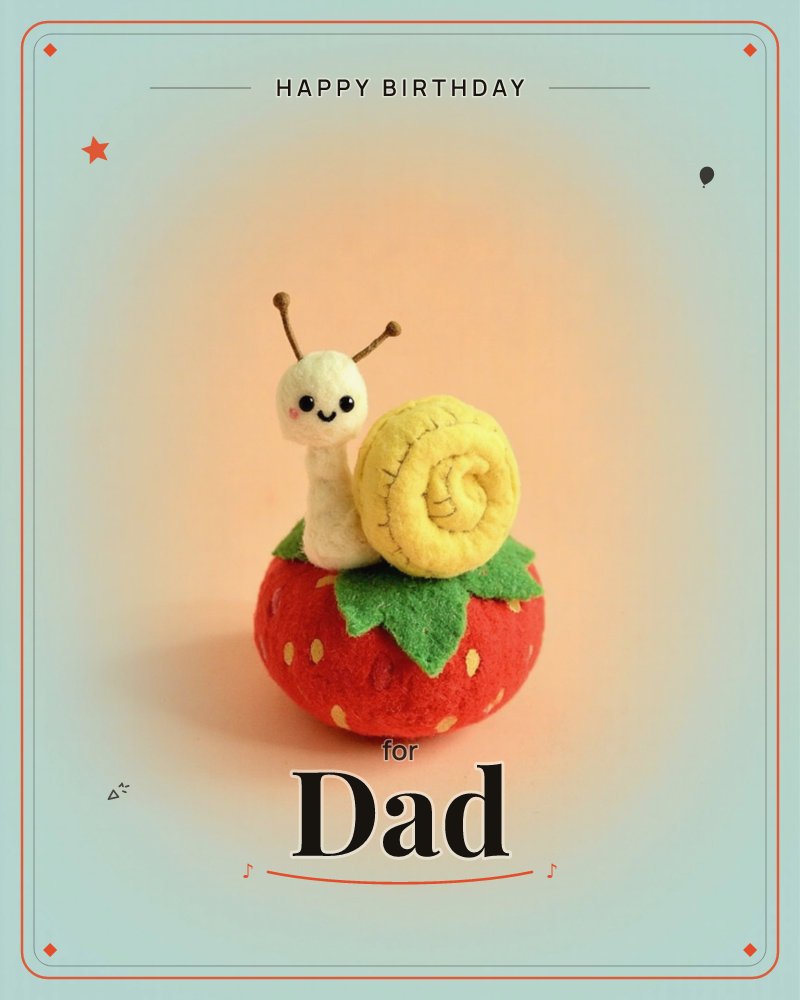 A tiny felt snail with a cream body and a spiral yellow shell perches happily atop a plump felt strawberry, its little dotted eyes and rosy cheeks…, a birthday e-card design