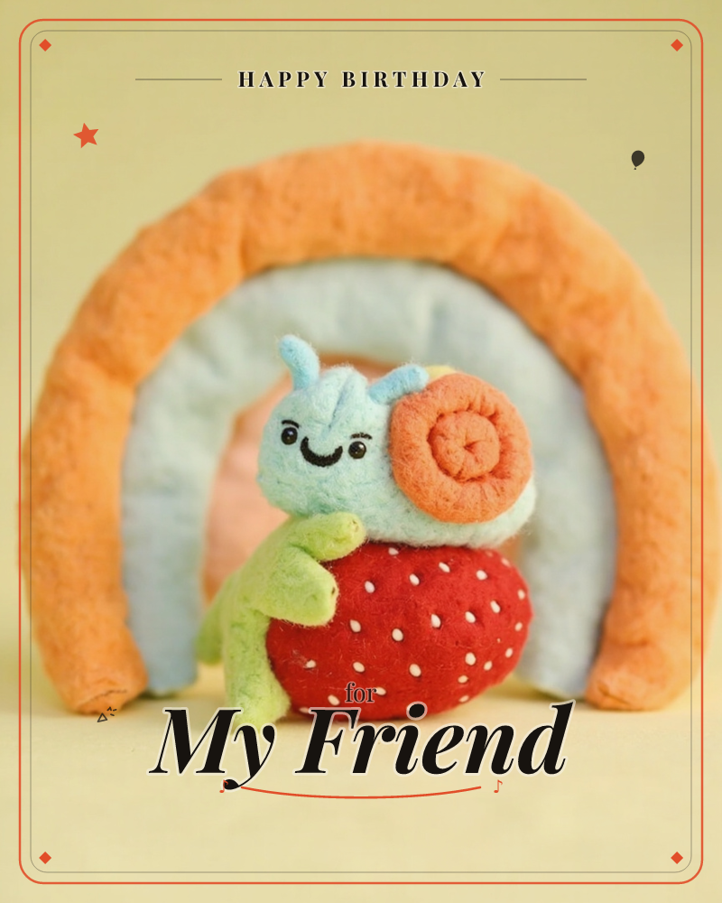 A felted plush snail with a smiling face and a coiled orange shell perches on a plump strawberry pincushion-like body, framed beneath a soft layered…, a birthday e-card design