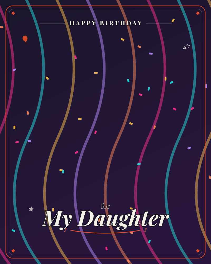 A dark plum backdrop is streaked with tall wavy ribbons in teal, pink, gold, and purple, all rippling gently from top to bottom like party streamers…, a birthday e-card design by @DittyCityTeam