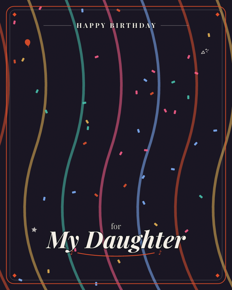 A dark, near-black background is crossed by tall curving ribbons of colour in gold, teal, pink, blue and rust, each one glowing faintly like a strand…, a birthday e-card design by @DittyCityTeam