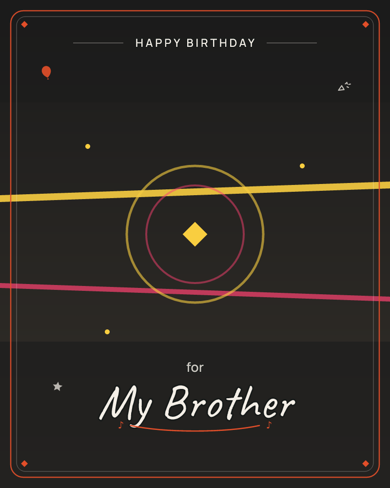A minimal abstract design floats on a near-black background: two thin lines, one gold and one crimson, sweep across the frame like orbiting paths…, a birthday e-card design by @DittyCityTeam