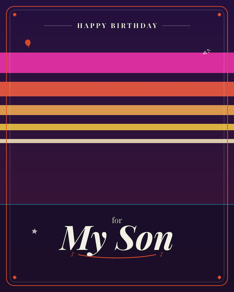 A deep midnight-purple background is crossed by a stack of bold horizontal bands in magenta, coral, amber, and gold, each glowing like a slice of…, a birthday e-card design by @DittyCityTeam