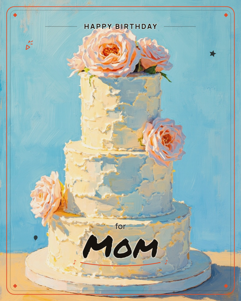 A three-tiered white wedding cake with thickly textured buttercream sits against a bright sky-blue background, decorated with full pink roses tucked…, a birthday e-card design