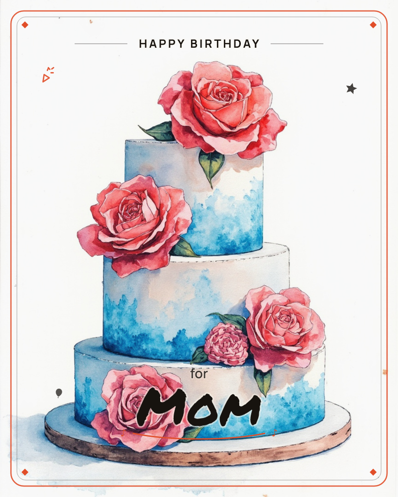 A three-tiered cake sits on a wooden board against a plain white background, its icing washed in soft blue watercolour blooms, a birthday e-card design